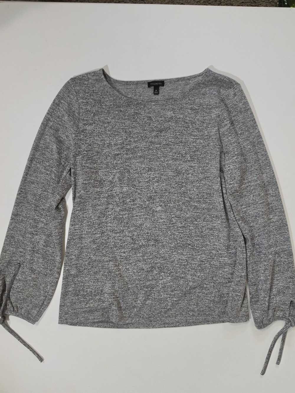 Talbots Top‎ Womens Size Medium Grey Metallic Shimmer Tie Cuff Casual Soft Knit